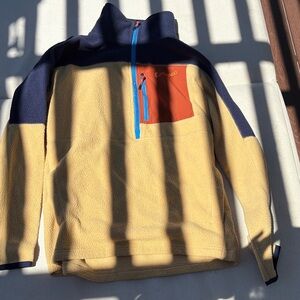 Cotopaxi Men's Zip-Up Sweater in Tan, Navy, and Orange